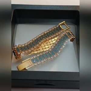 Gold-Tone Bracelet with Blue and Clear Crystals - Women Jewelry